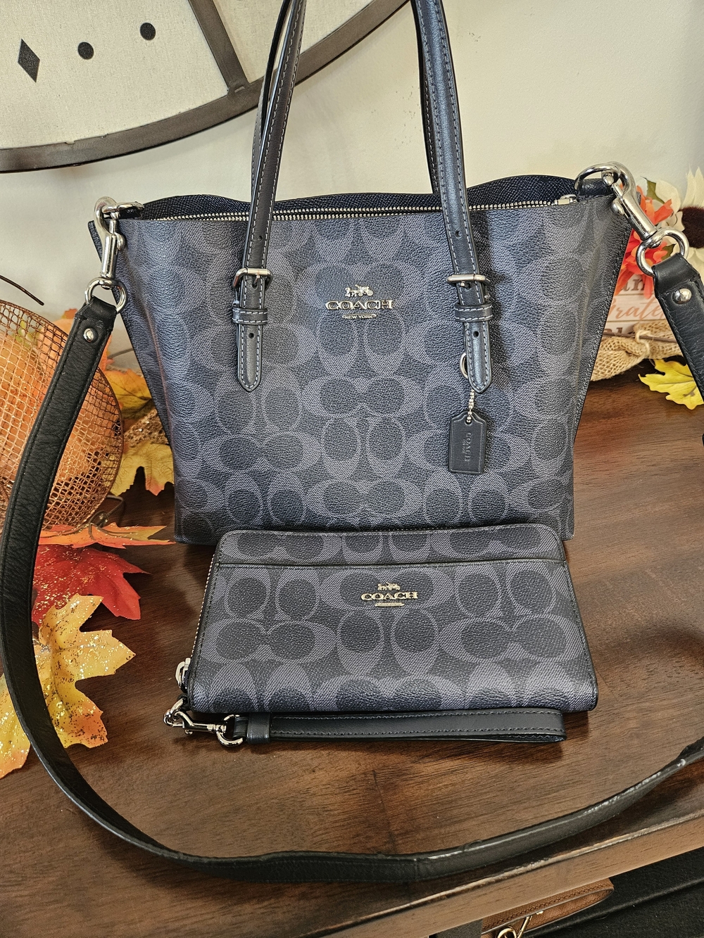 Coach Signature Tote and Wristlet Set in Charcoal/Black